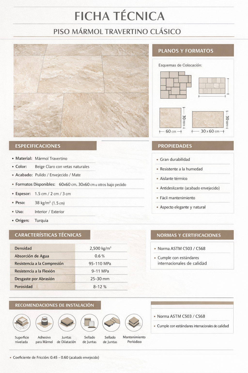 Especificaciones técnicas del suelo - Mármol Travertino